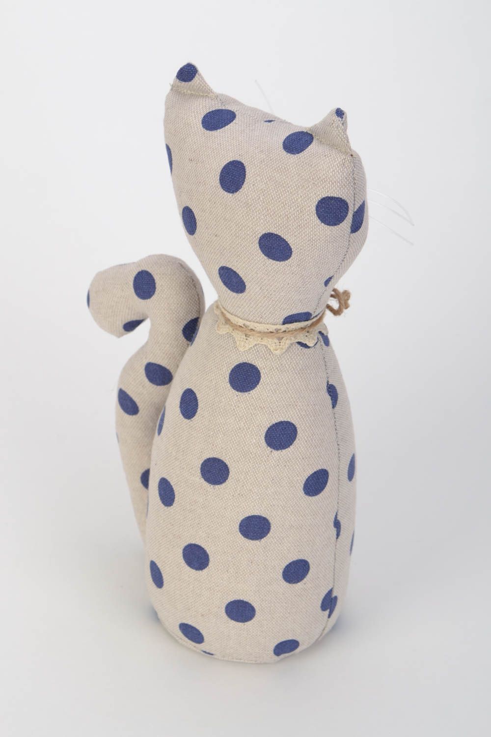 Handmade soft toy sewn of light blue polka dot fabric in the shape of cat photo 5
