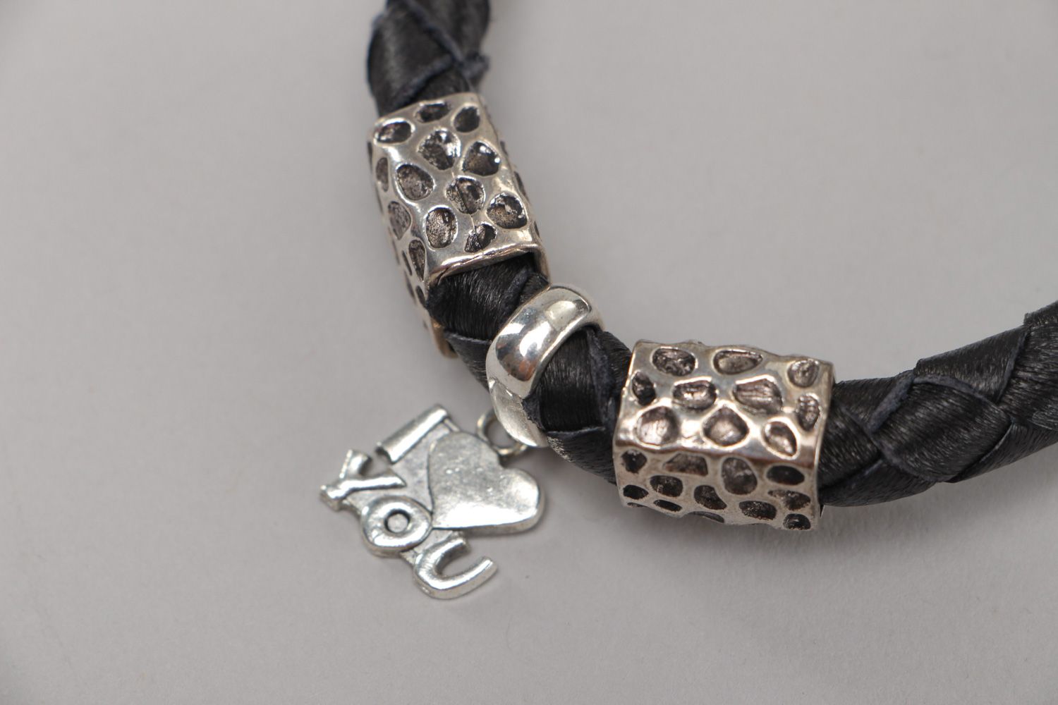 Thin handmade woven genuine leather wrist bracelet with metal charm unisex photo 3