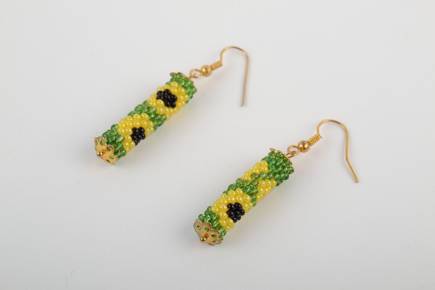 Handmade dangle earrings crocheted of Czech beads in spring color palette photo 3