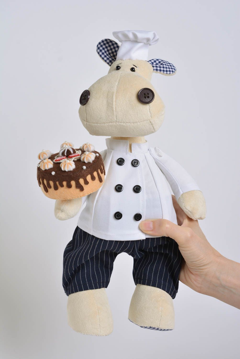 Handmade designer large fabric soft toy Hippo Chef with Chocolate Cake photo 4