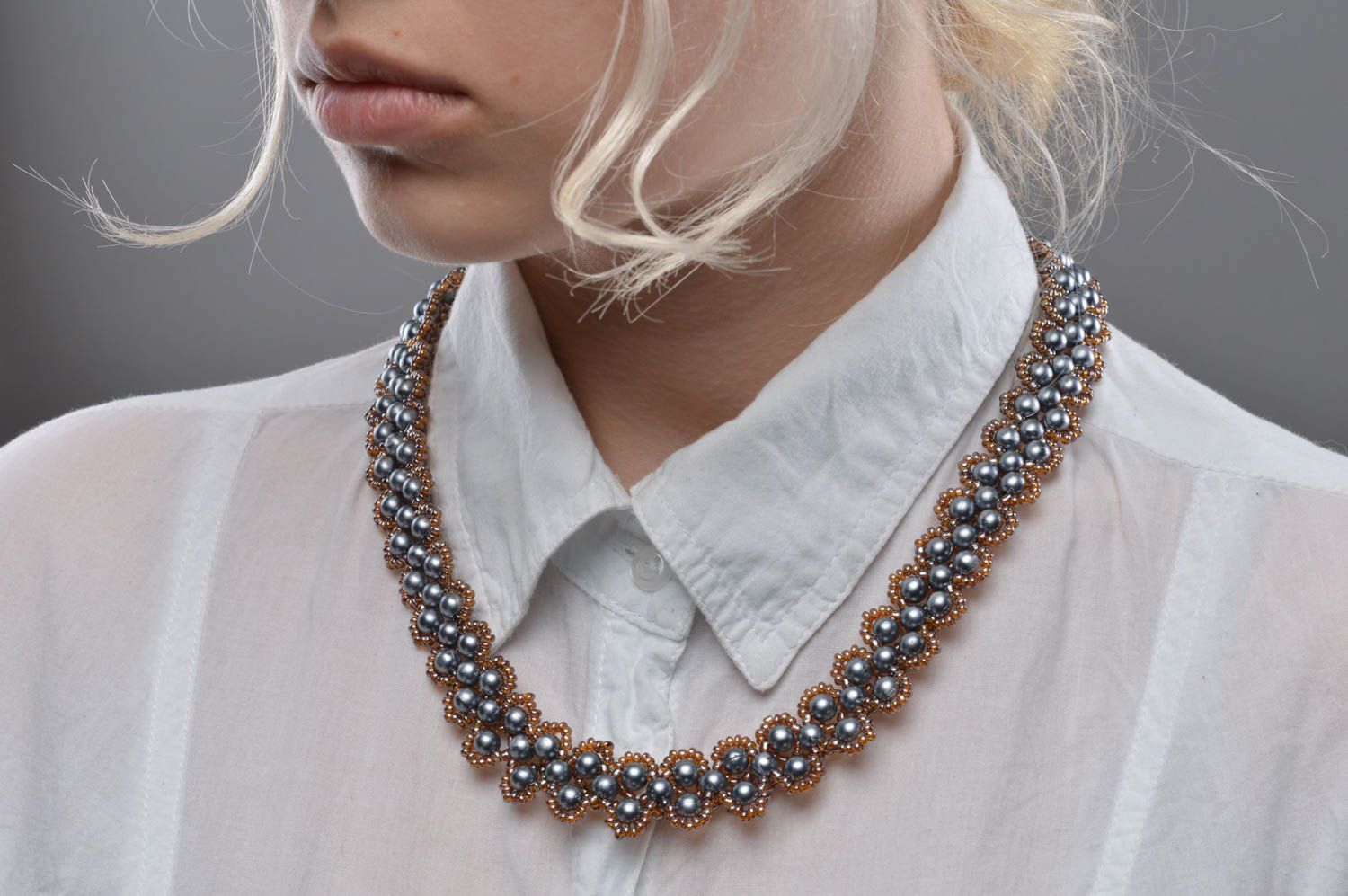 Woven feminine necklace beaded handmade accessory for girls evening jewelry photo 5