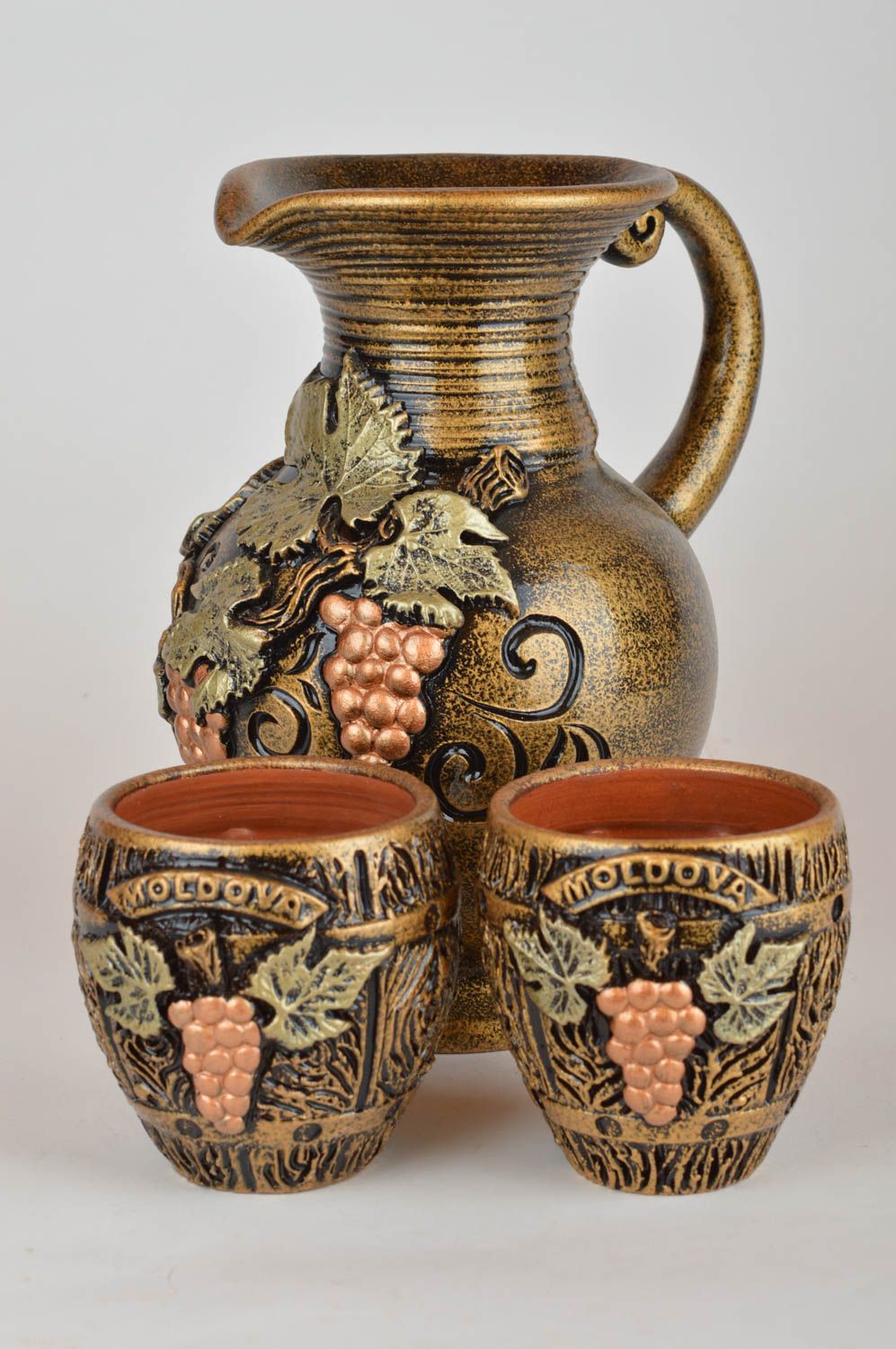 Cruche et gobelets en céramique bruns faits main peints 2 L et 20 cl 3 pièces  photo 2