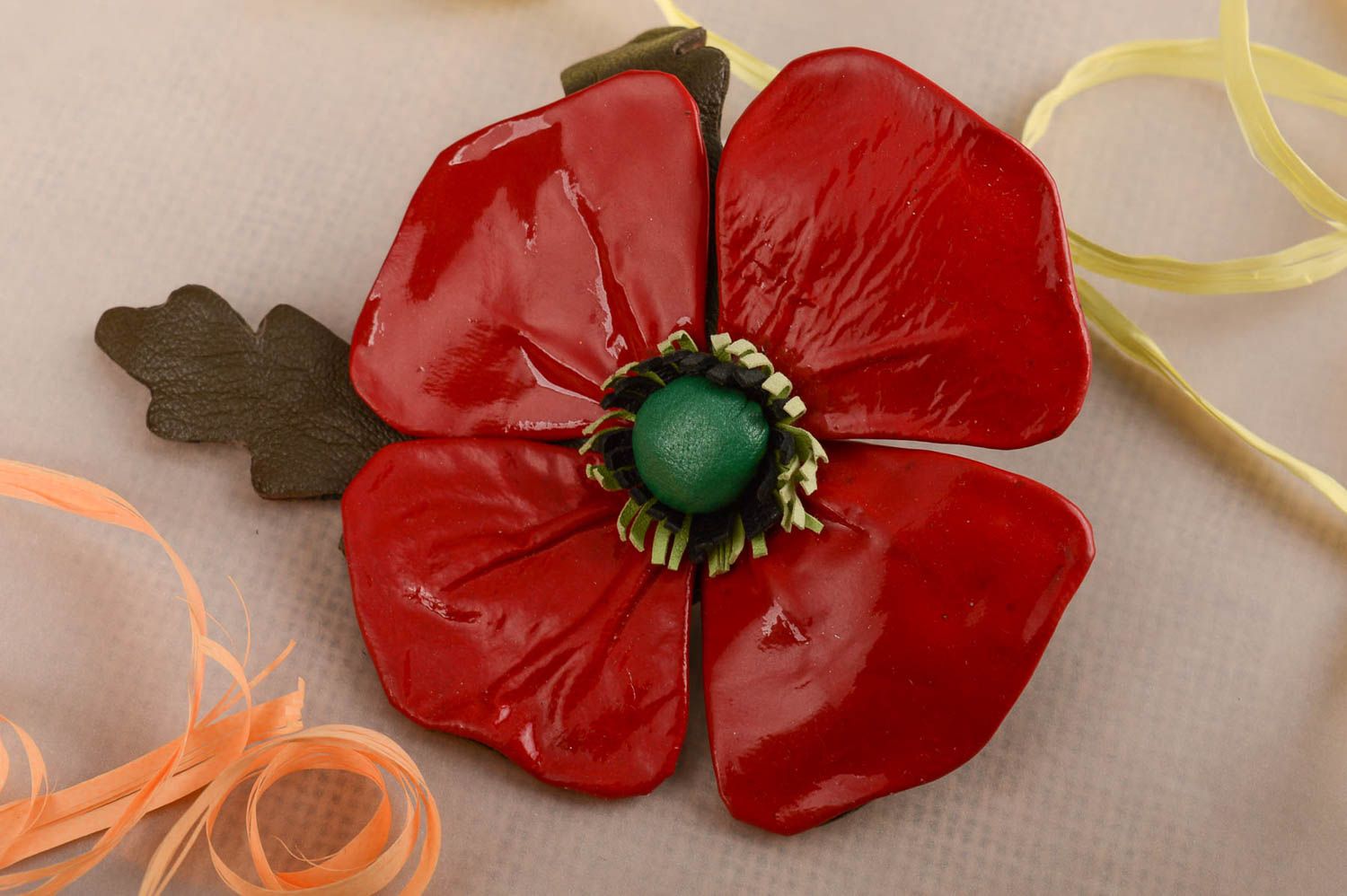 Handmade big stylish hair clip red flower hair clip accessory in shape of poppy photo 1