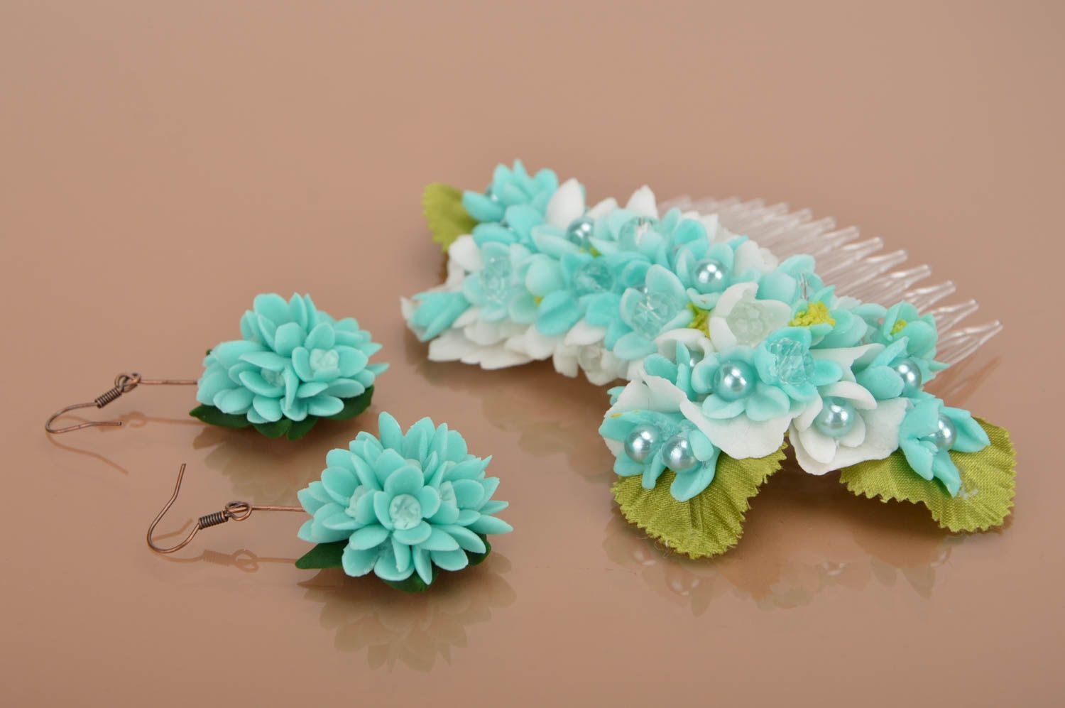 Set of handmade polymer clay floral accessories 2 items earrings and hair comb photo 2