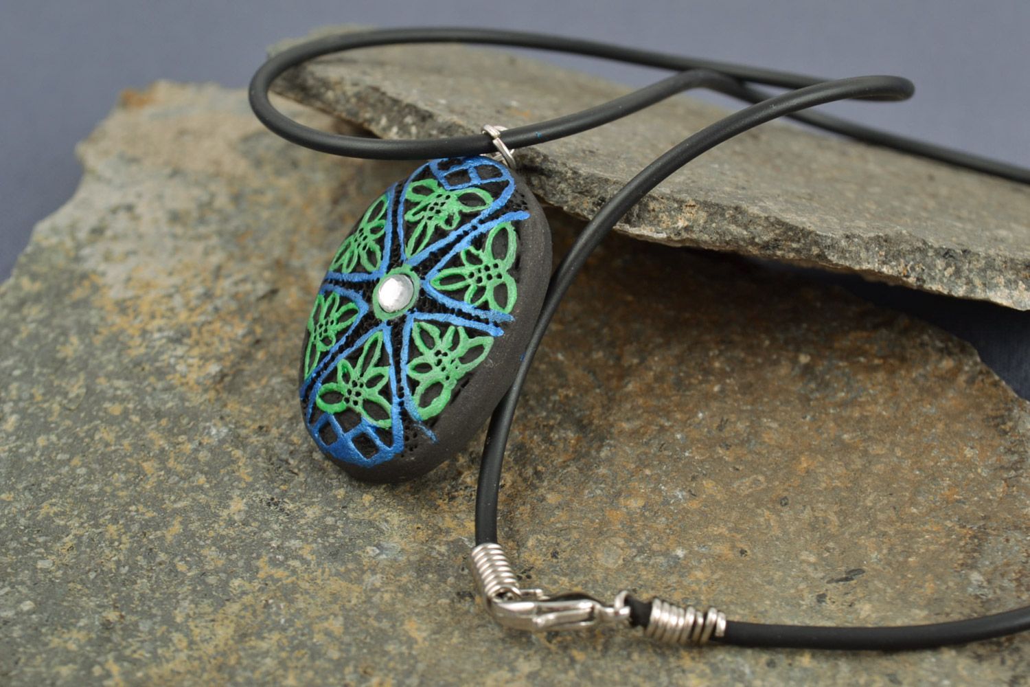 Handmade clay neck pendant on cord with painting and strass photo 1