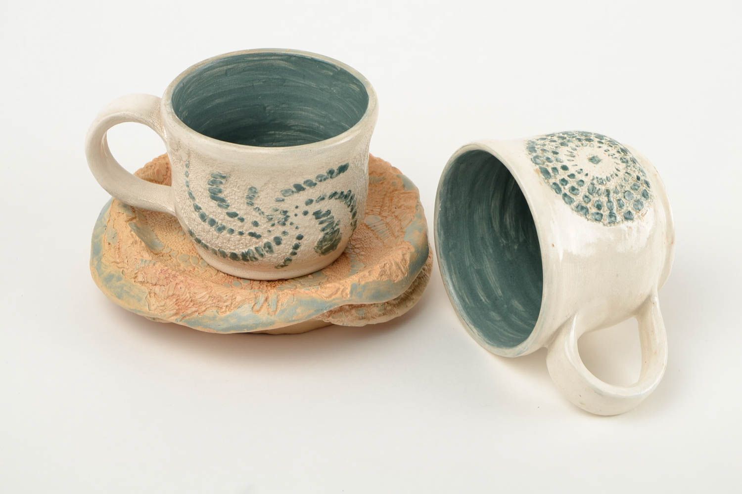 Set of two 8 oz glazed coffee cups with handle and saucer in white and green color photo 5