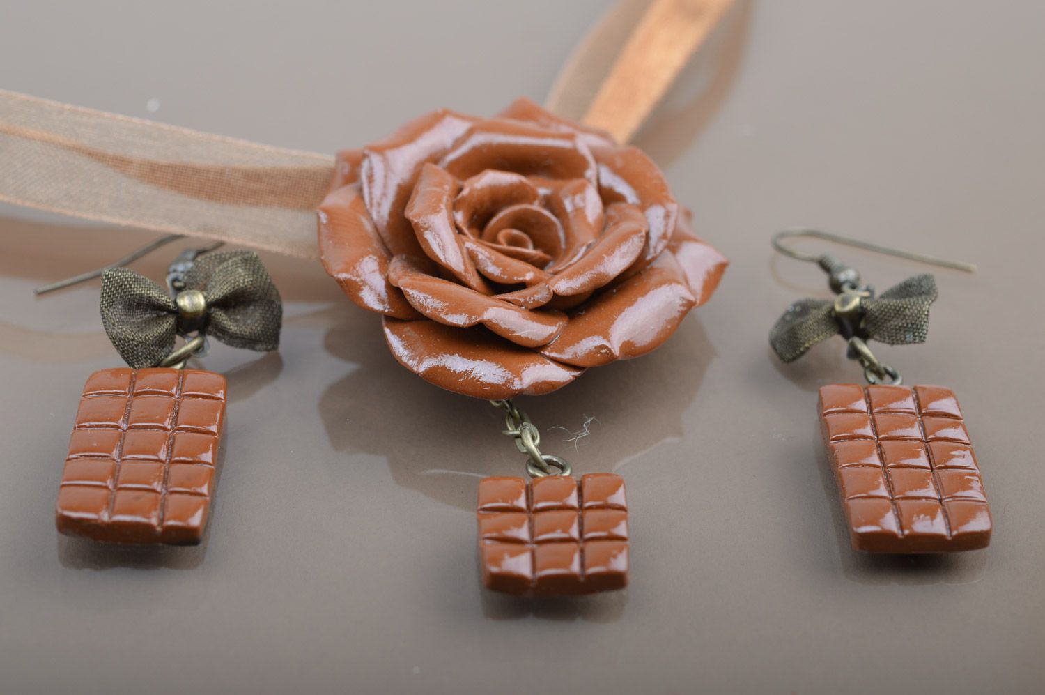 Set of handmade polymer clay jewelry necklace and earrings Chocolate photo 3