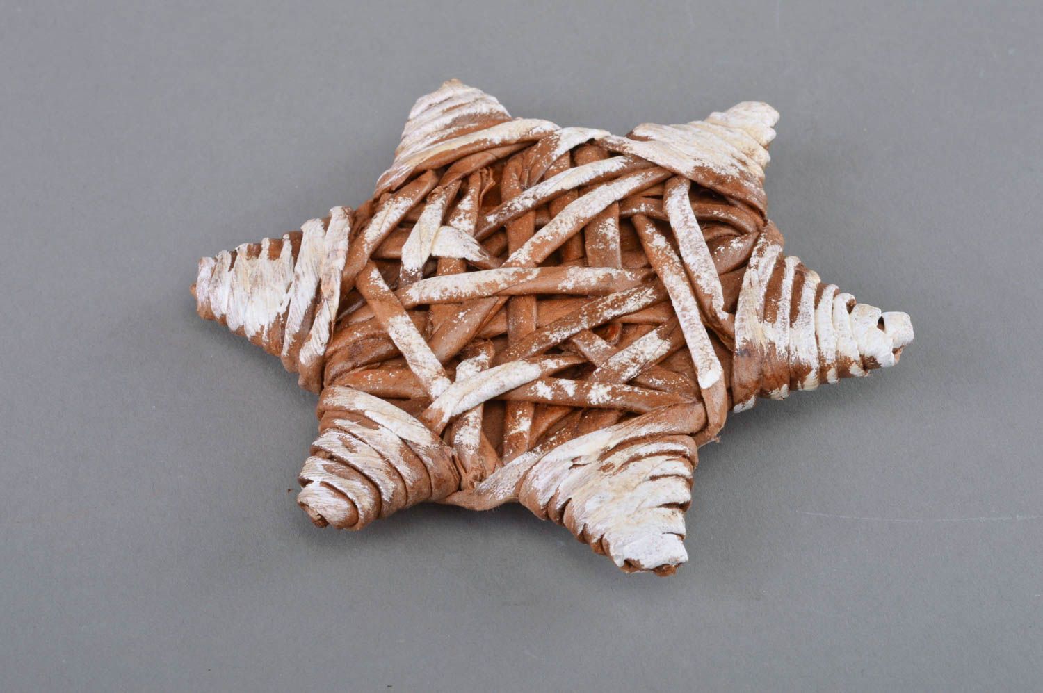 Handmade decorative paper woven wall hanging six edged star white and brown photo 1