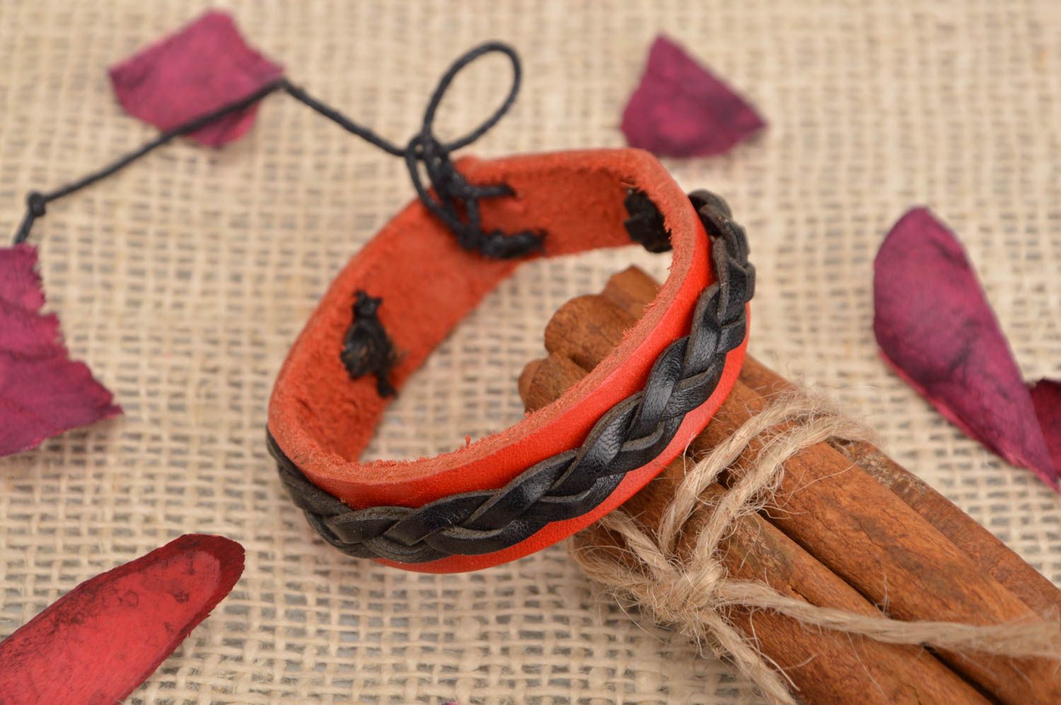 Handmade designer genuine leather wrist bracelet of red and black colors unisex photo 1