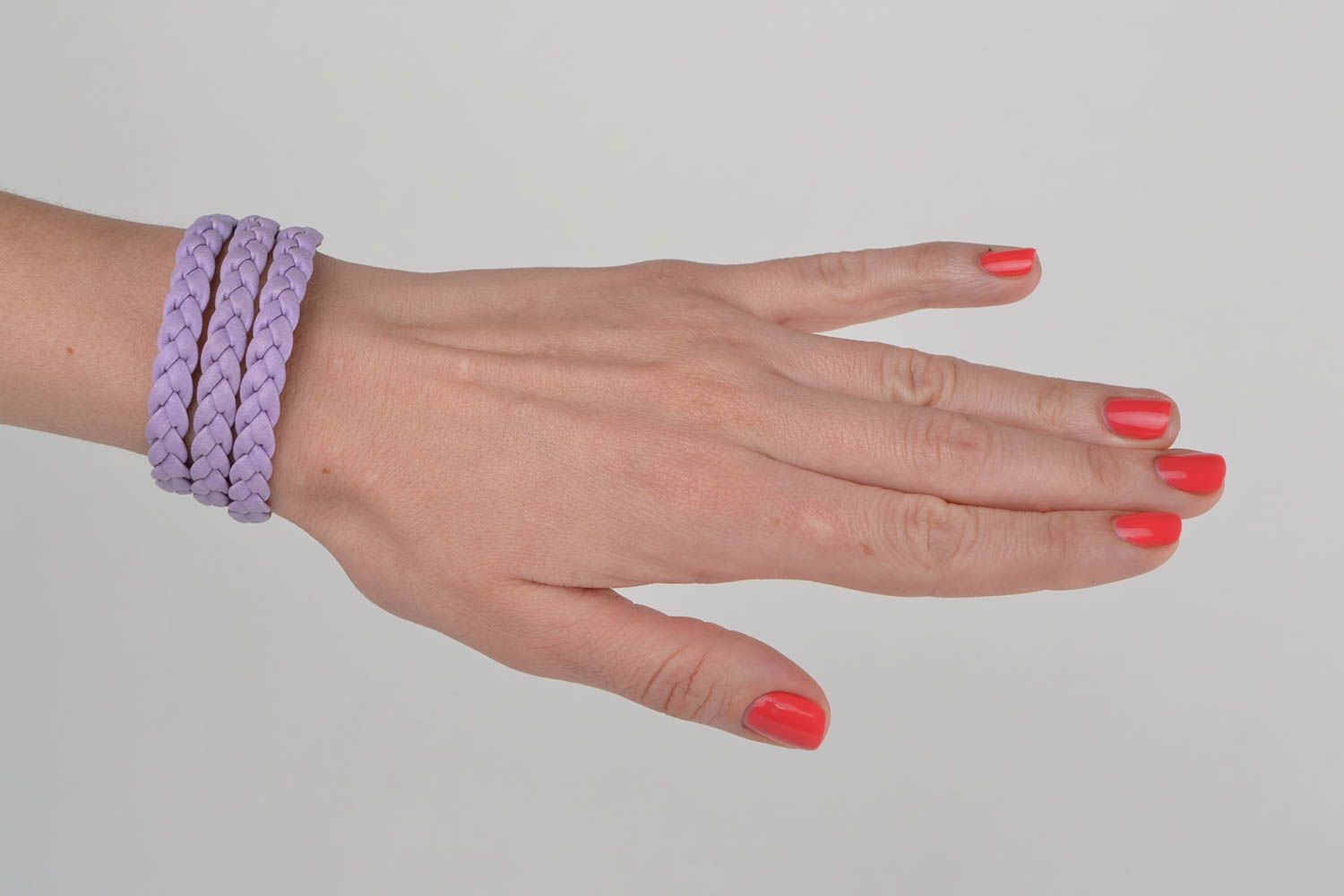 Handmade beautiful designer faux leather wrist bracelet of lilac color wide photo 2