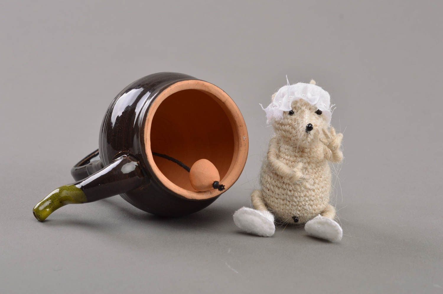 Unusual handmade designer decorative set of crochet soft toy and ceramic teapot photo 3