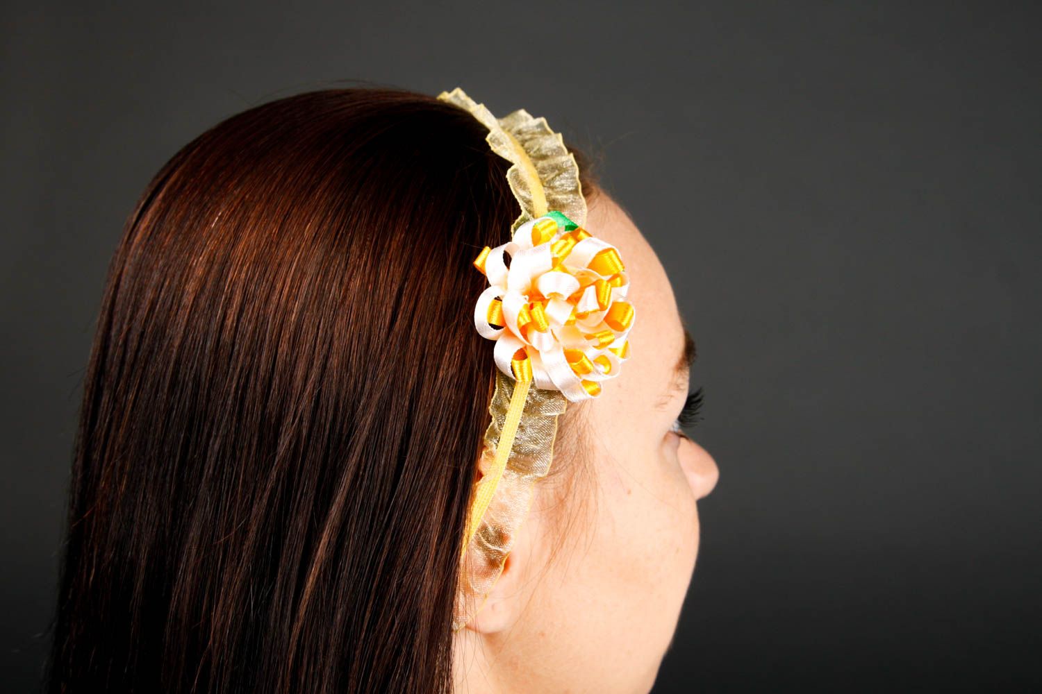 Bandeau cheveux jaune fait main élastique avec fleur kanzashi Cadeau original photo 2