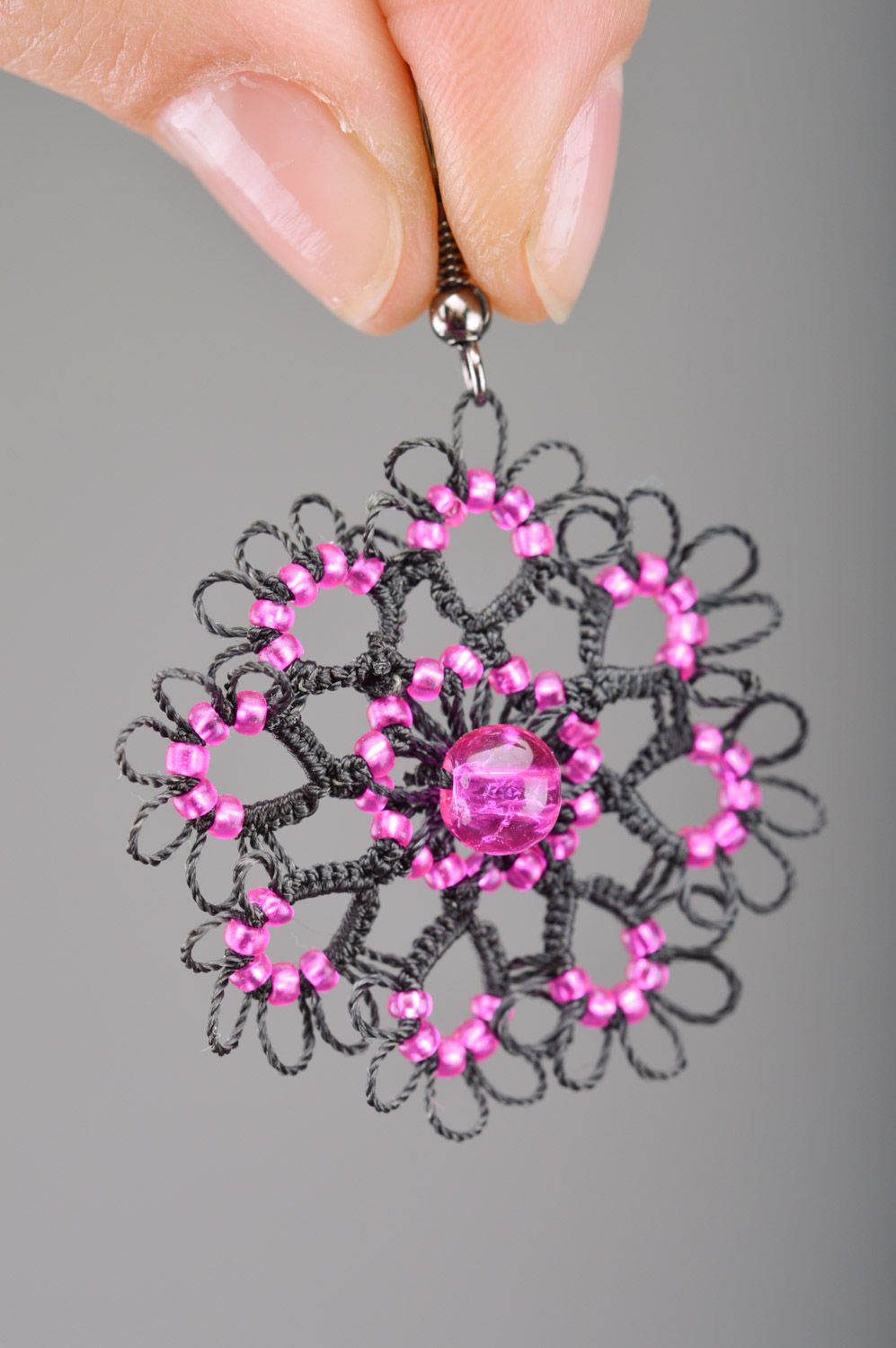 Black and pink handmade large lacy round earrings woven using tatting technique photo 1