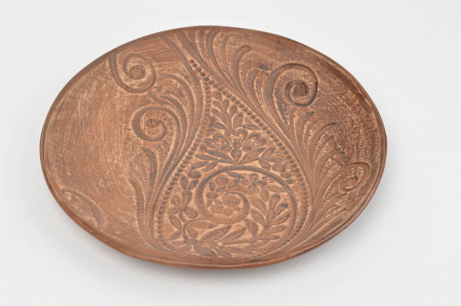 Assiette plate en terre cuite faite main marron originale avec motifs Algues photo 2