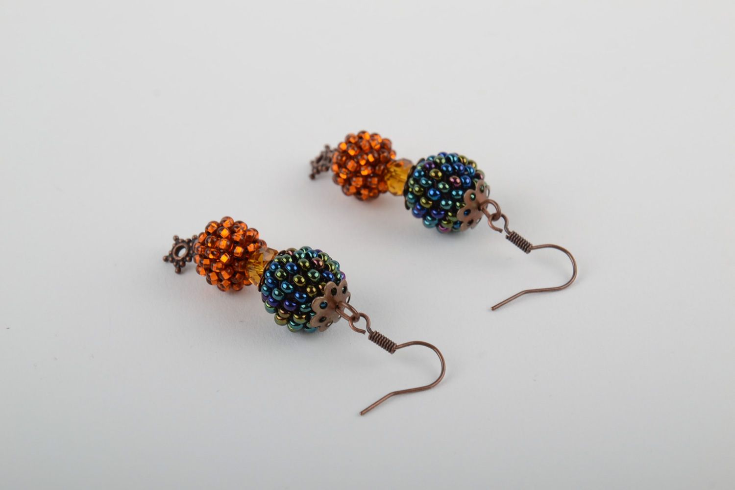 Handmade festive dangle earrings woven of Czech beads with bronze ear wires photo 3