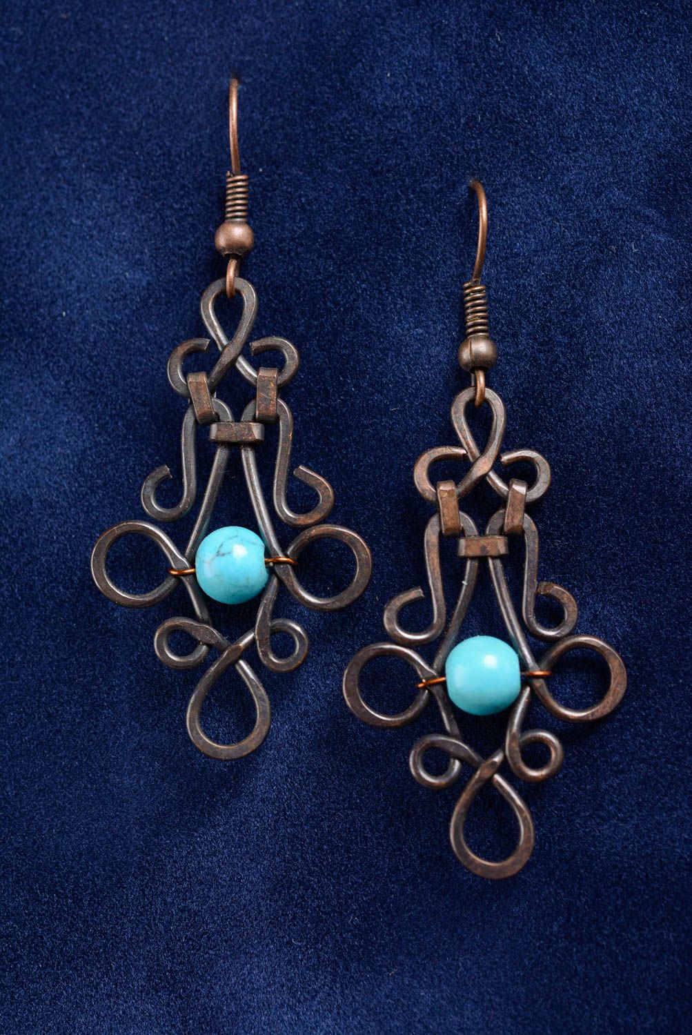 Massive earrings made of copper using wire wrap technique with artificial turquoise photo 1