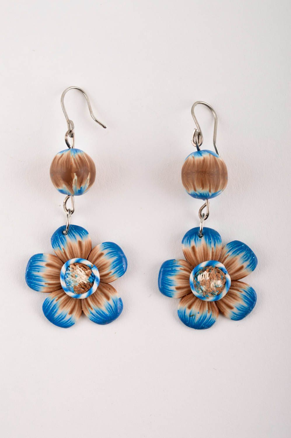 Handmade lange blaue Blumen Ohrringe Polymer Schmuck Accessoire für Frauen foto 3