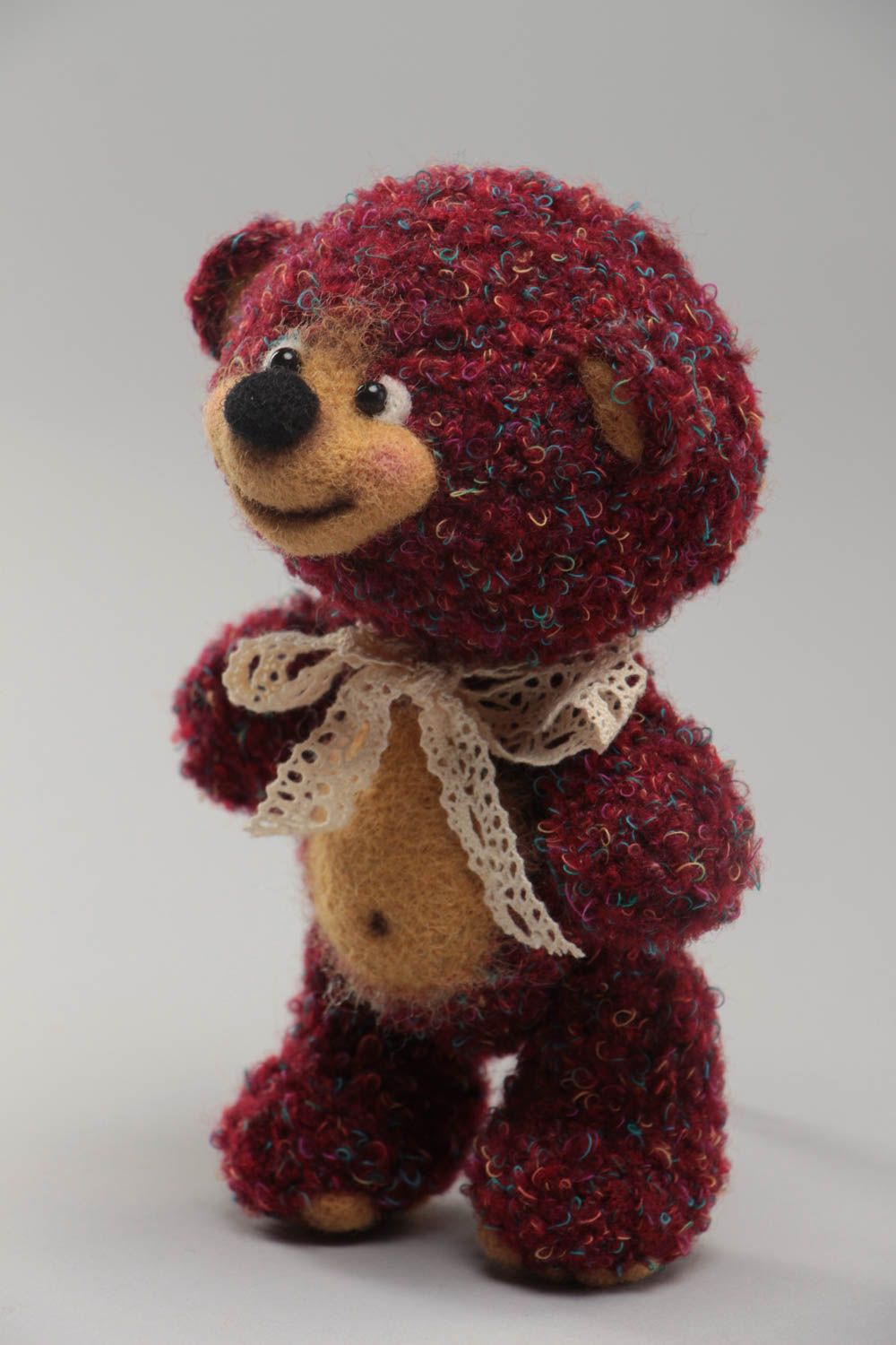 Handmade small soft toy crocheted of textures yarns and wool Bear for children photo 2