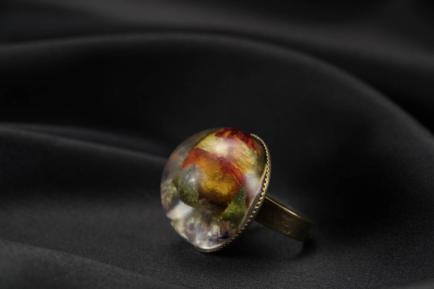 Ring with natural rose coated with jewelry resin photo 3