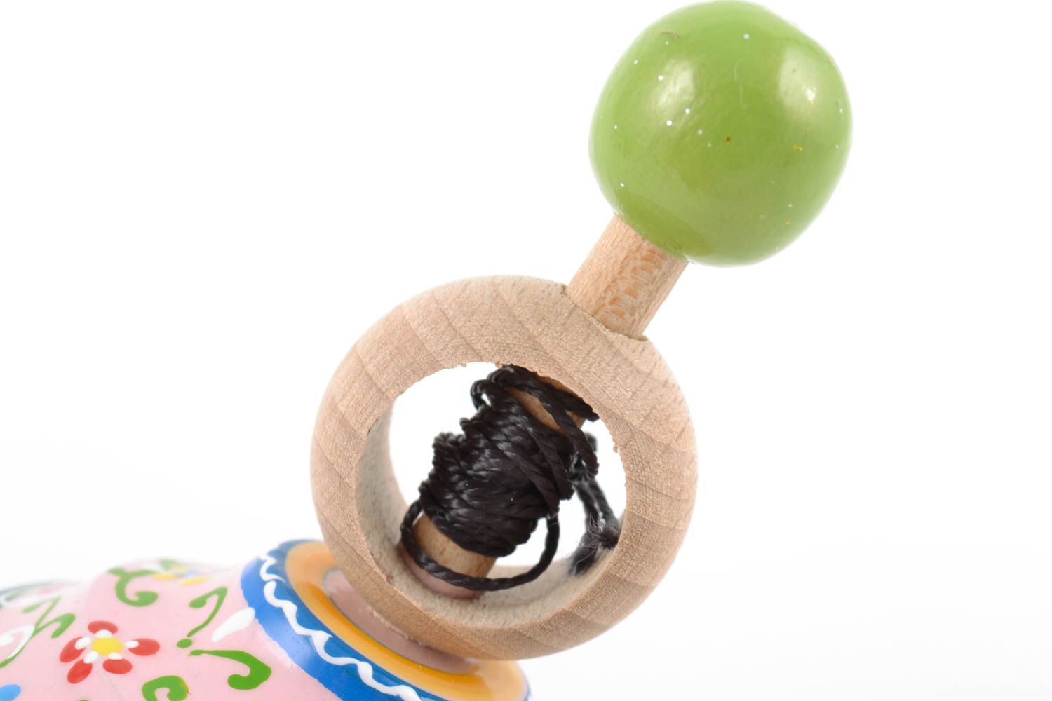 Handmade designer painted wooden spinning top with ring and string eco toy photo 5