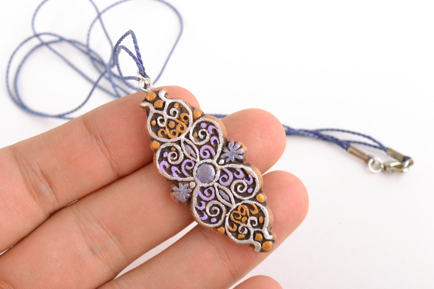Beautiful colorful unusual perforated handmade clay neck pendant with cord photo 2