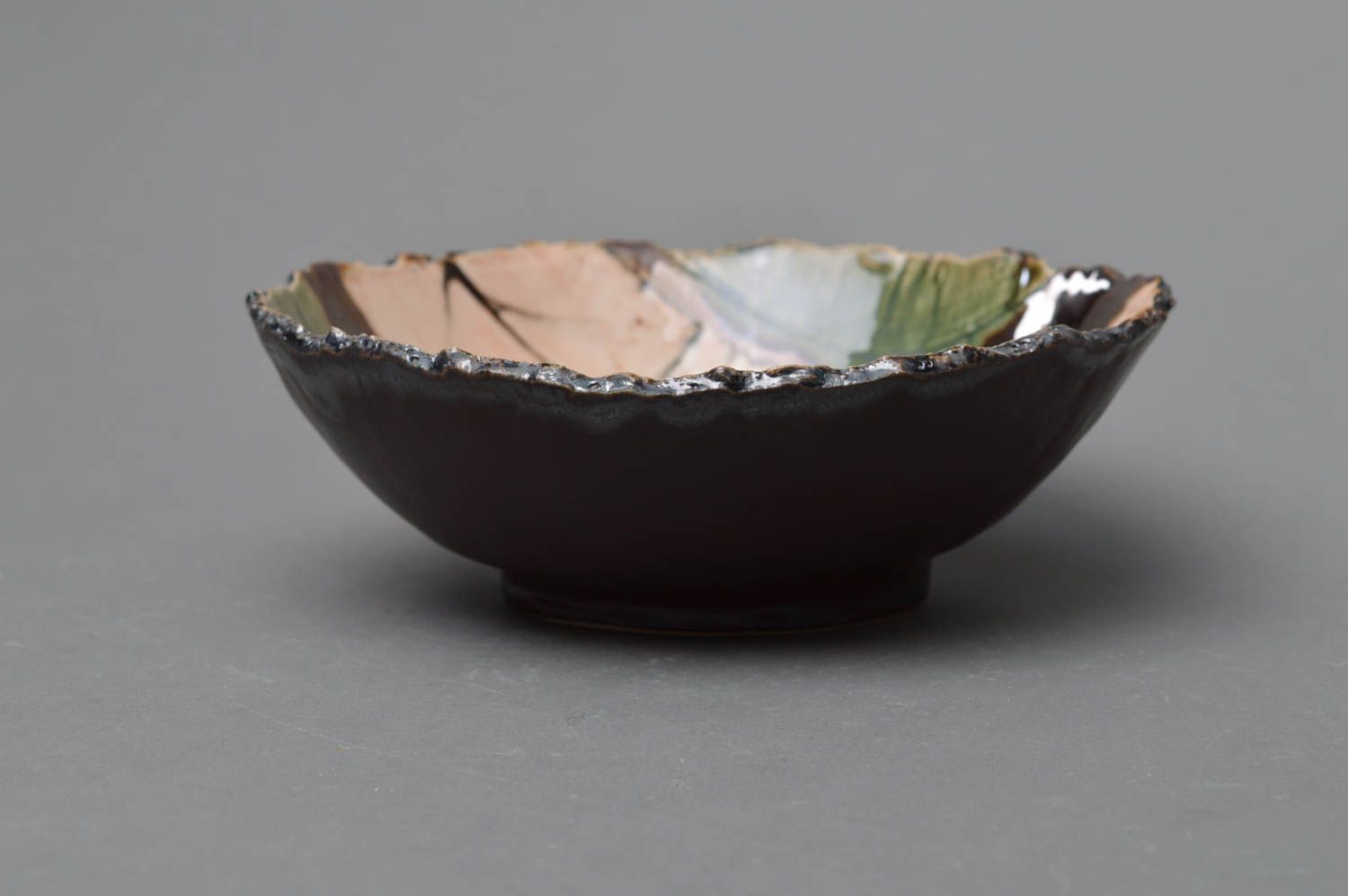 Handmade designer porcelain bowl with ragged edges glazed dark decorative photo 2