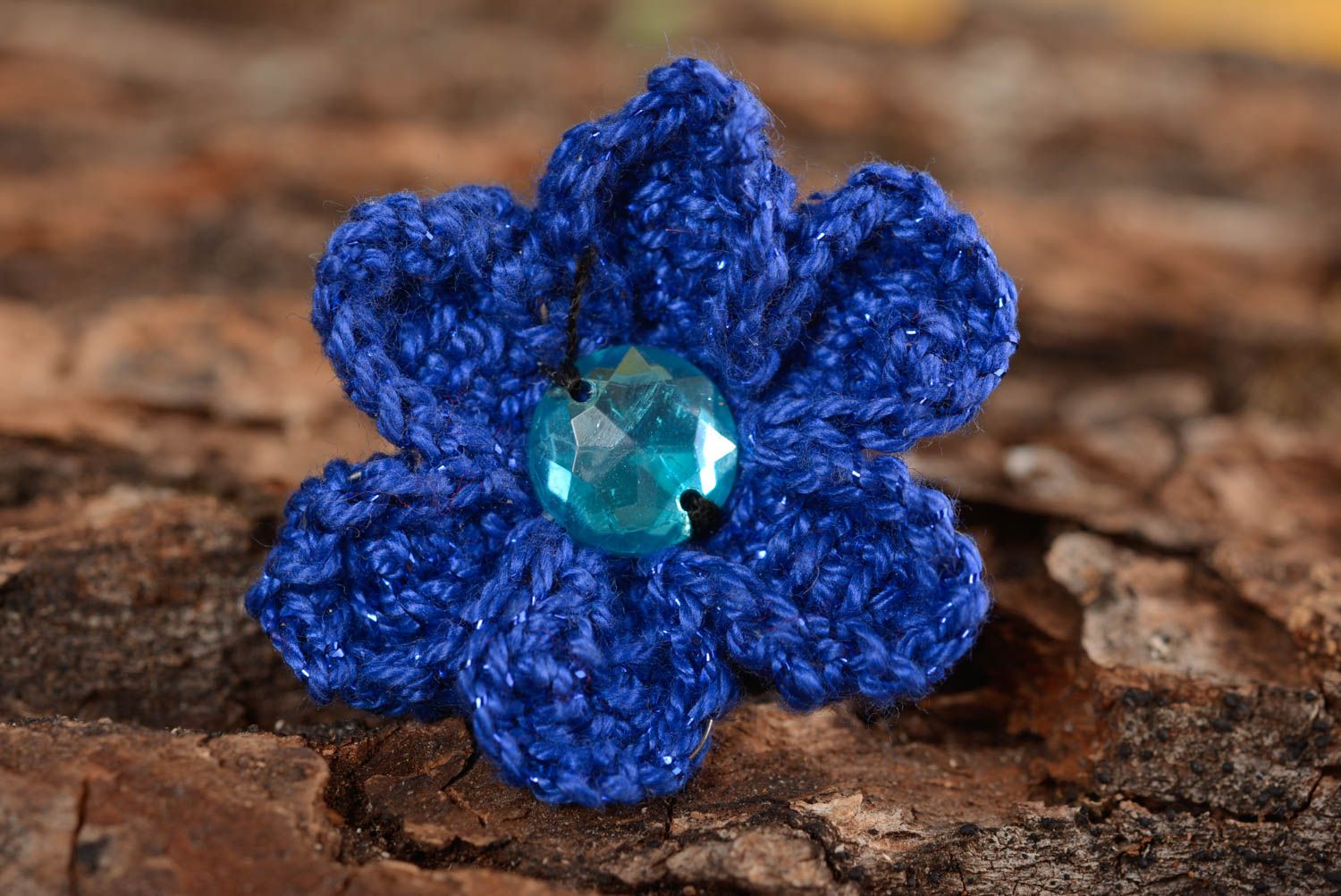 Bague tricot Bijou fait main Cadeau original au crochet bleu fleur petit photo 1