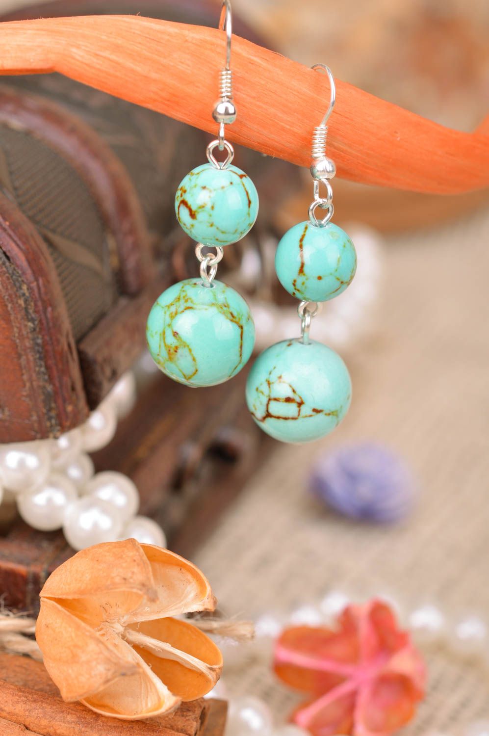 Handmade dangle earrings with beads styled on turquoise stone designer stylish photo 1