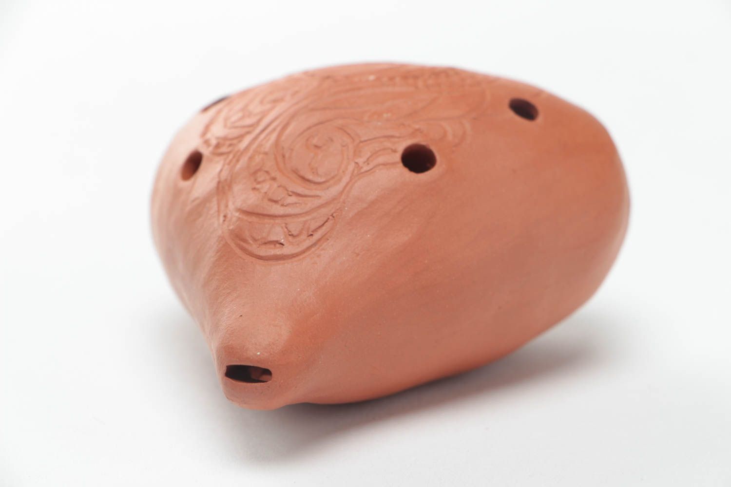 Small homemade patterned clay ocarina of unusual shape ceramic penny whistle photo 5