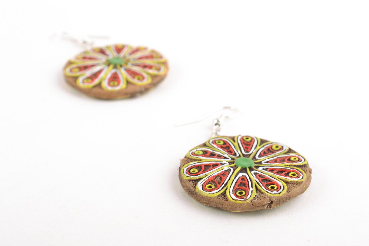 Handmade ceramic round dangling earrings with acrylic painting Peacock Tail photo 3