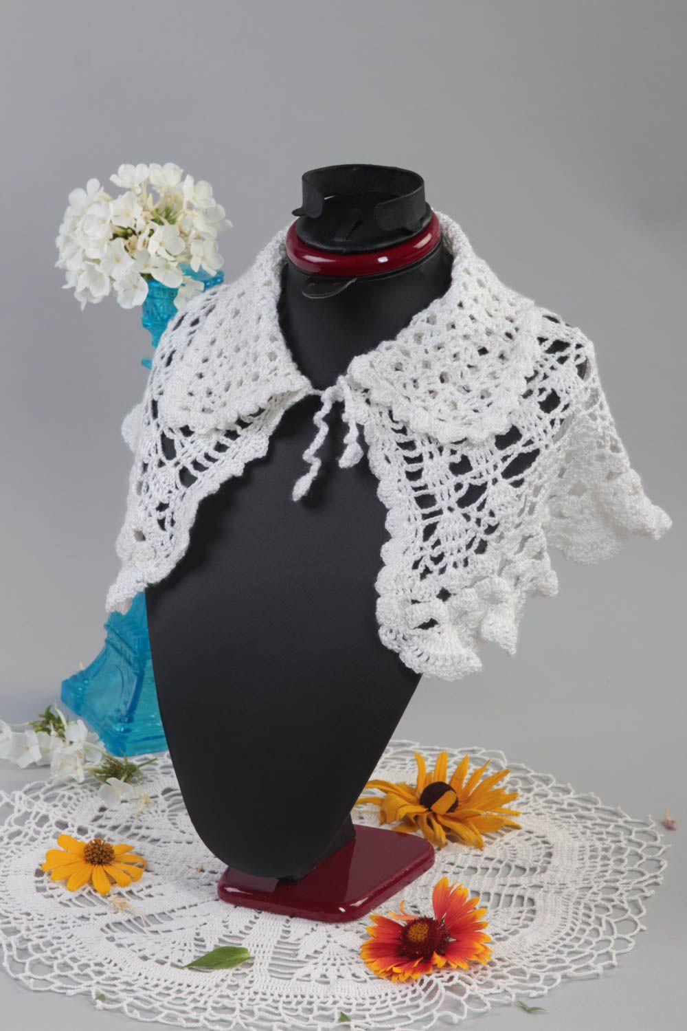Col tricoté fait main Accessoires tricot blanc ajouré au crochet Cadeau femme photo 1
