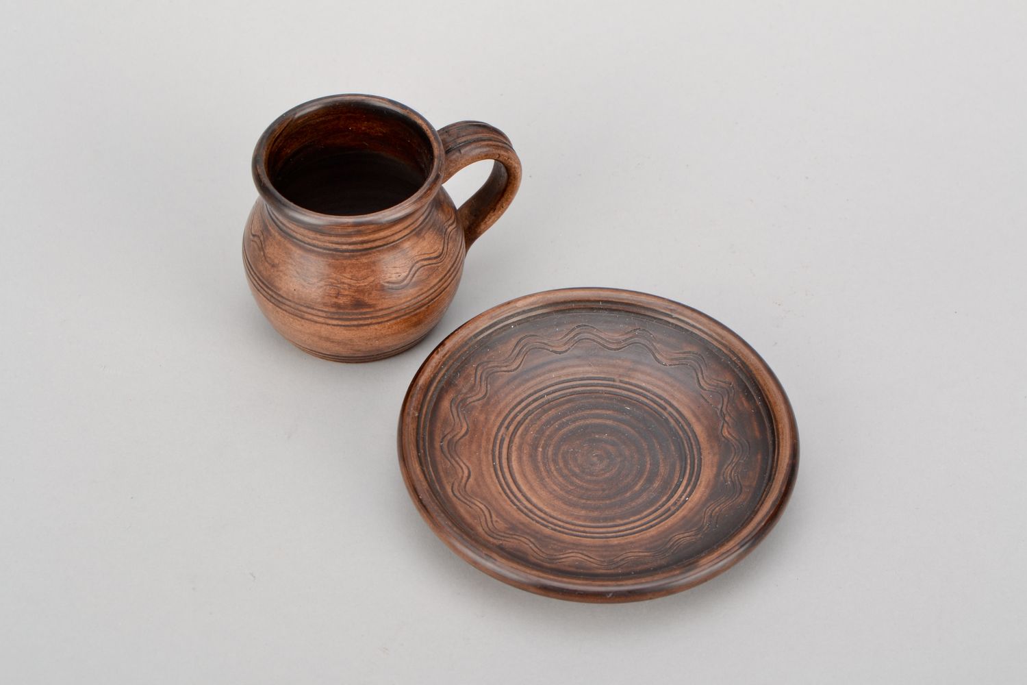 3 oz clay ceramic cup with handle and saucer in brown color photo 4