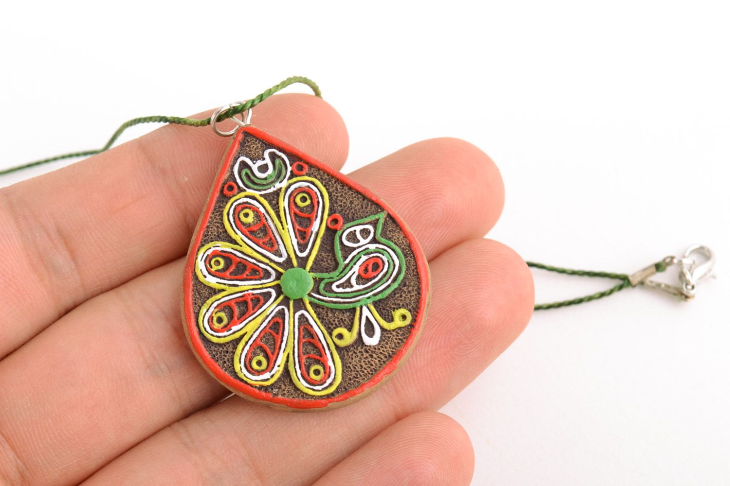 Drop shaped handmade clay neck pendant painted with acrylics photo 2