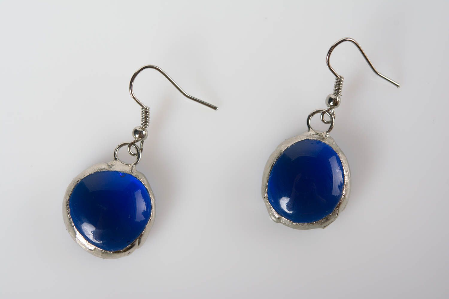 Handmade designer unusual round blue earrings made of glass and metal photo 1