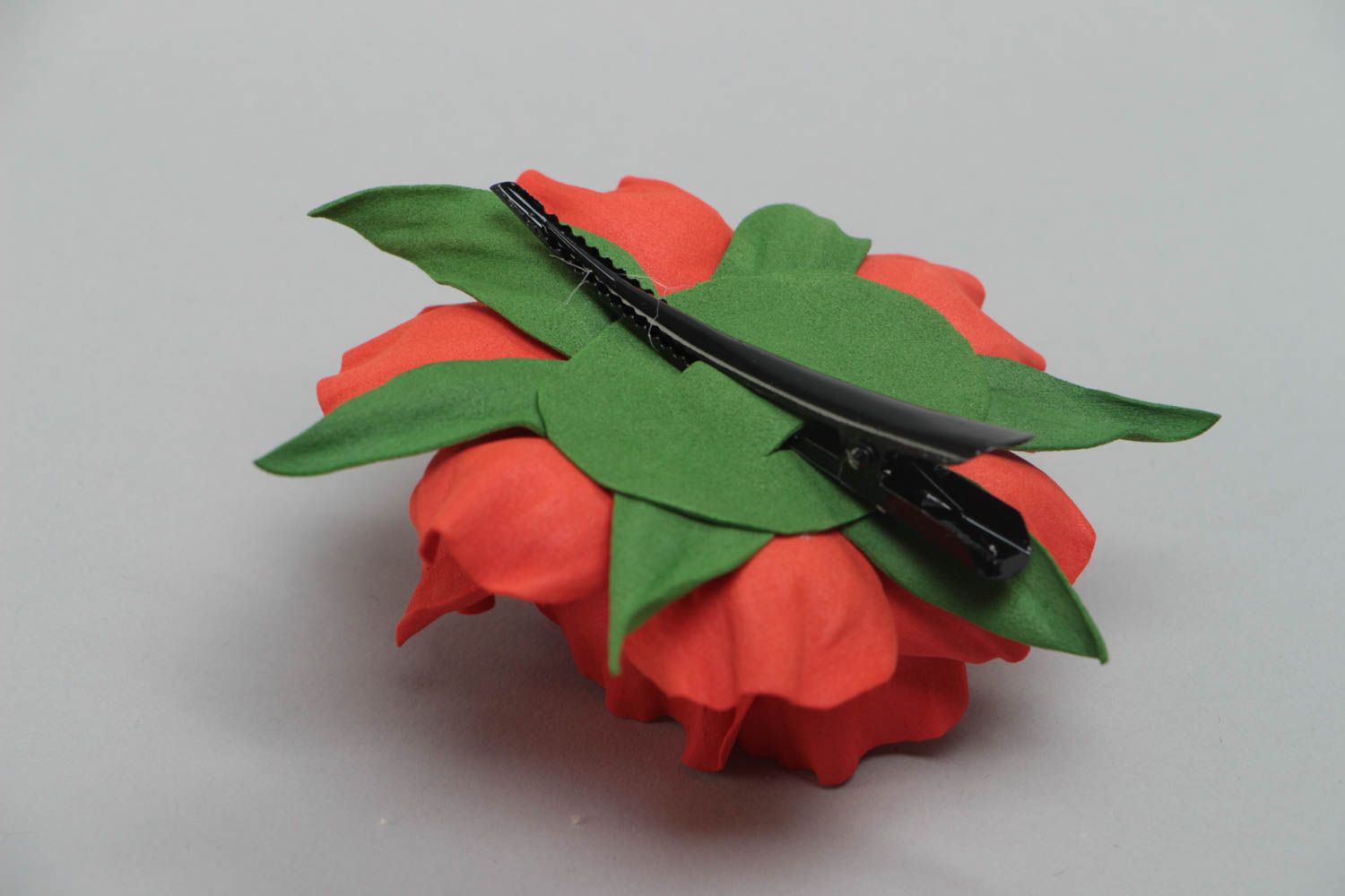 Handmade designer hair clip with large volume foamiran flower of red color photo 4