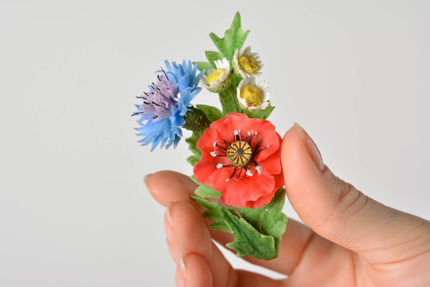 Handmade designer brooch with Japanese polymer clay blue cornflowers and poppy  photo 1