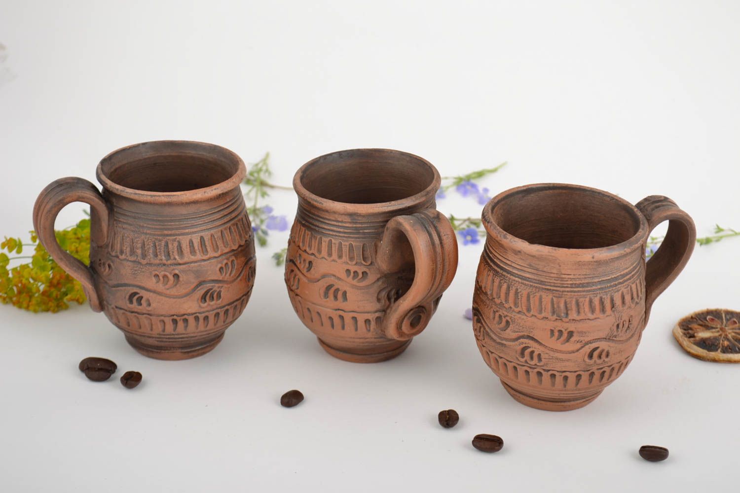 Set of ceramic natural lead-free clay coffee mugs with handles and simple pattern photo 1