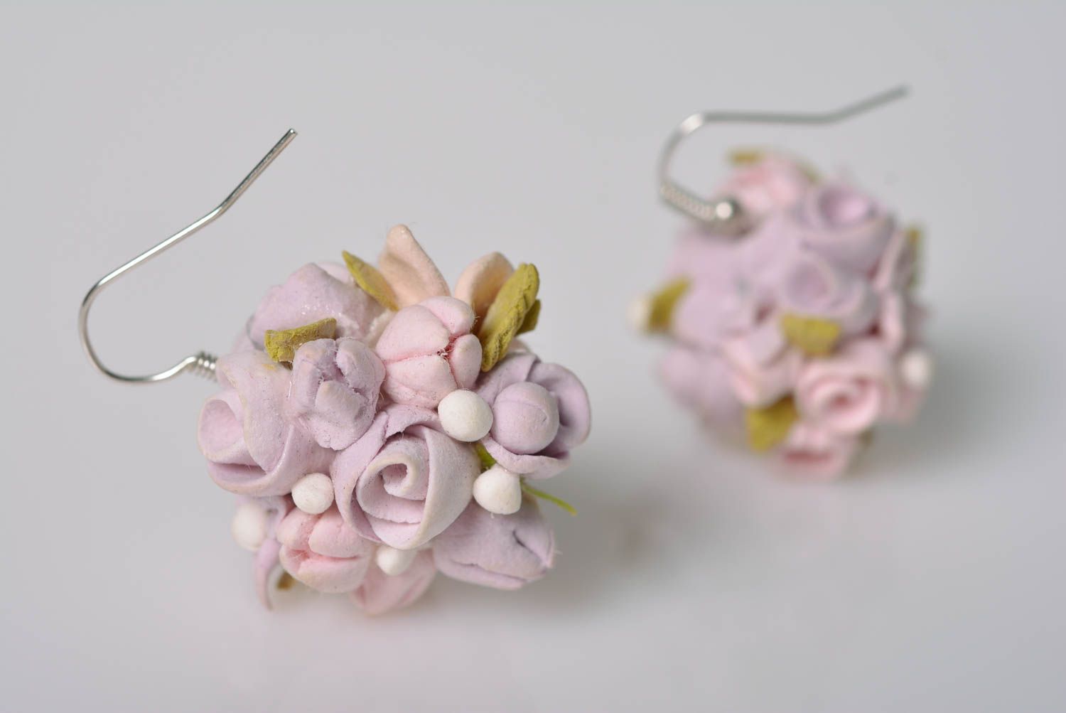 Handmade designer's earrings of polymer clay with lilac flowers photo 4