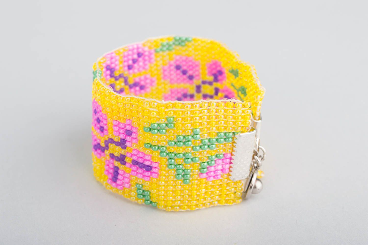 Bracelet perles de rocaille Bijou fait main jaune floral Accessoire femme photo 5