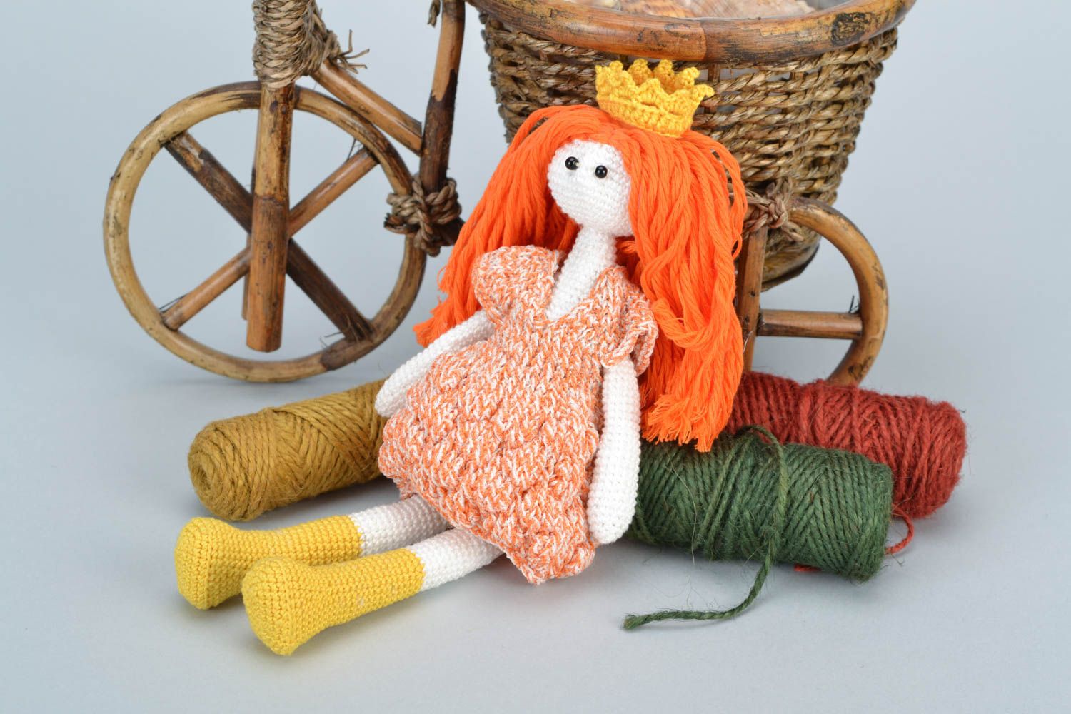 Beautiful small handmade crochet soft doll with red hair and crown photo 1