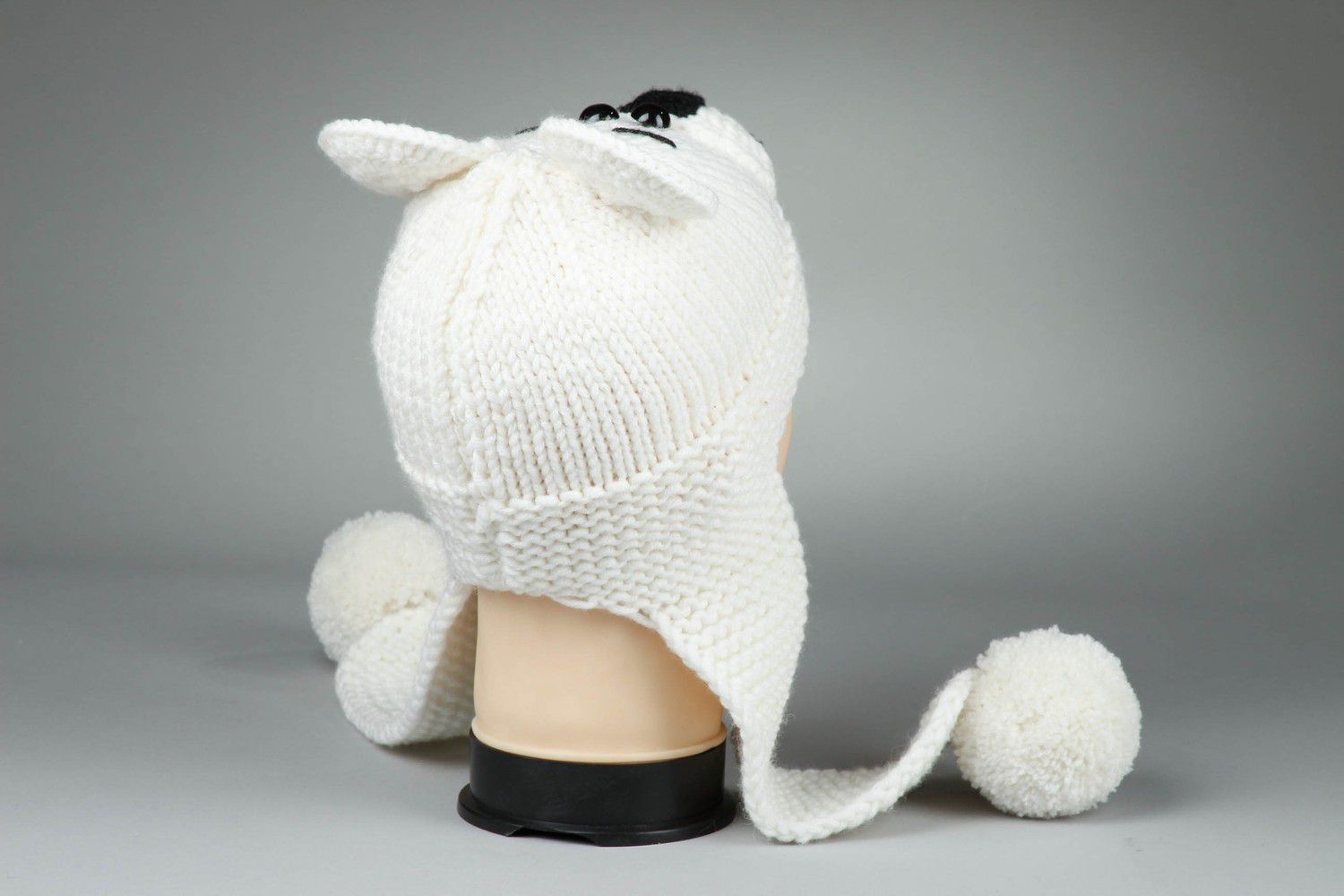 Knitted hat Bear, white color photo 3