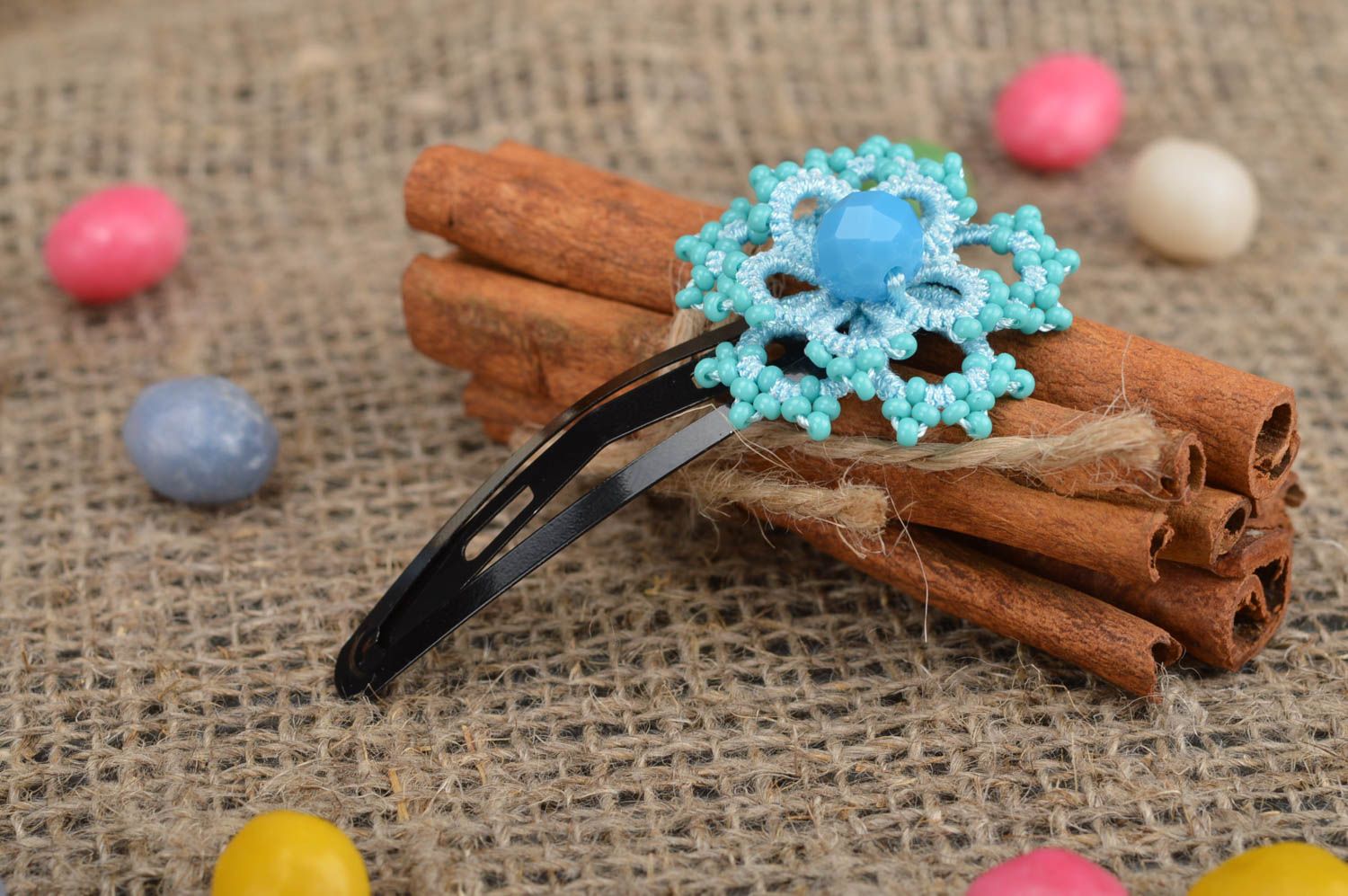 Handmade decorative hair clip with blue flower tatted of threads with seed beads photo 1