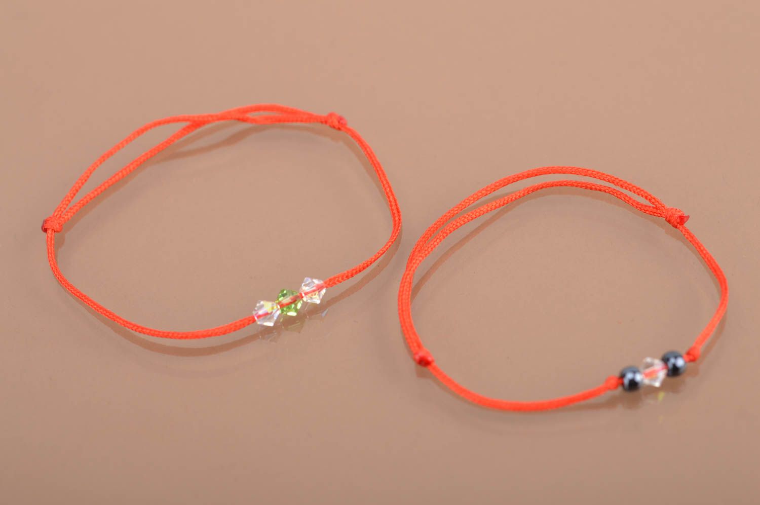 Set of 2 handmade designer red woven friendship bracelets with beads photo 2