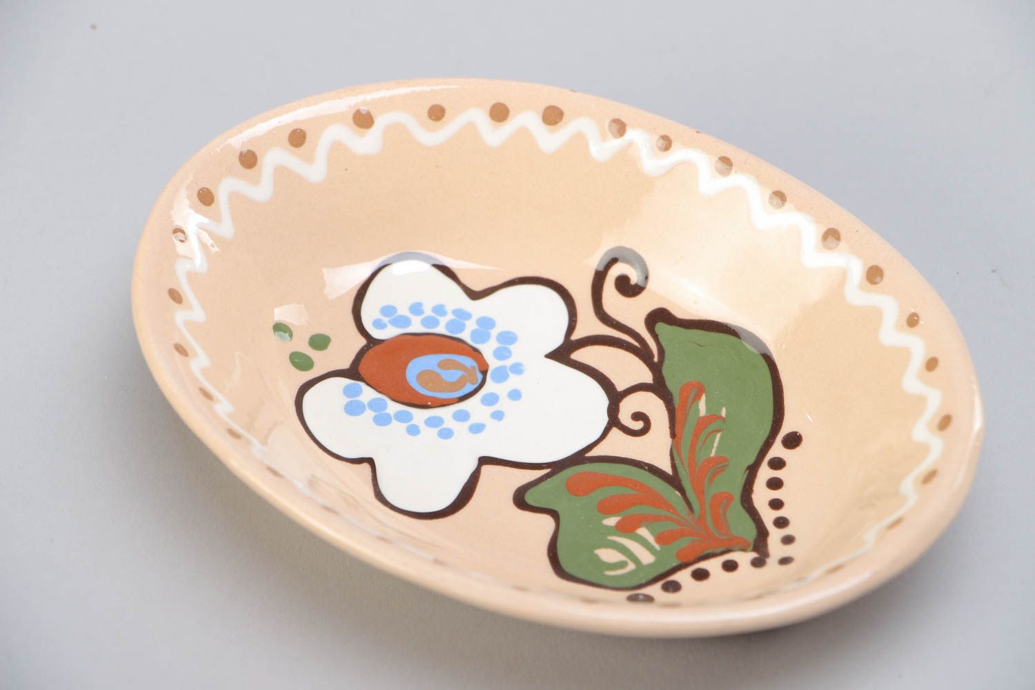 Handmade light decorative ceramic bowl with flower painted with colorful glaze photo 3