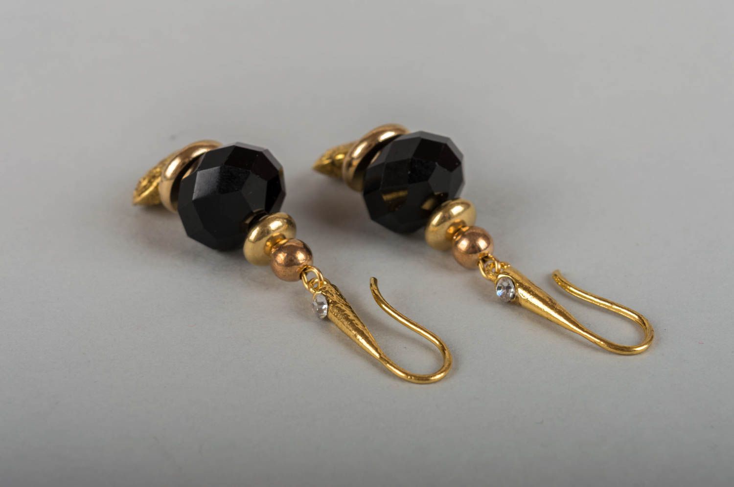 Handmade designer evening long brass earrings with natural agate stone beads photo 3