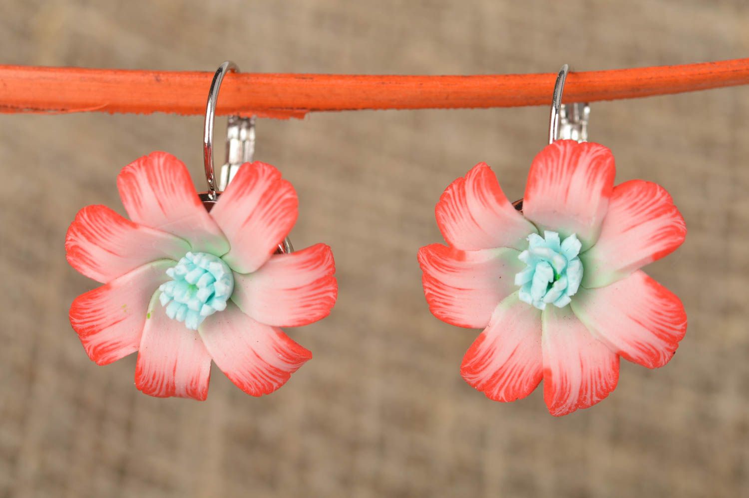 Flower earrings made of polymer clay with pink flowers designer accessory photo 1