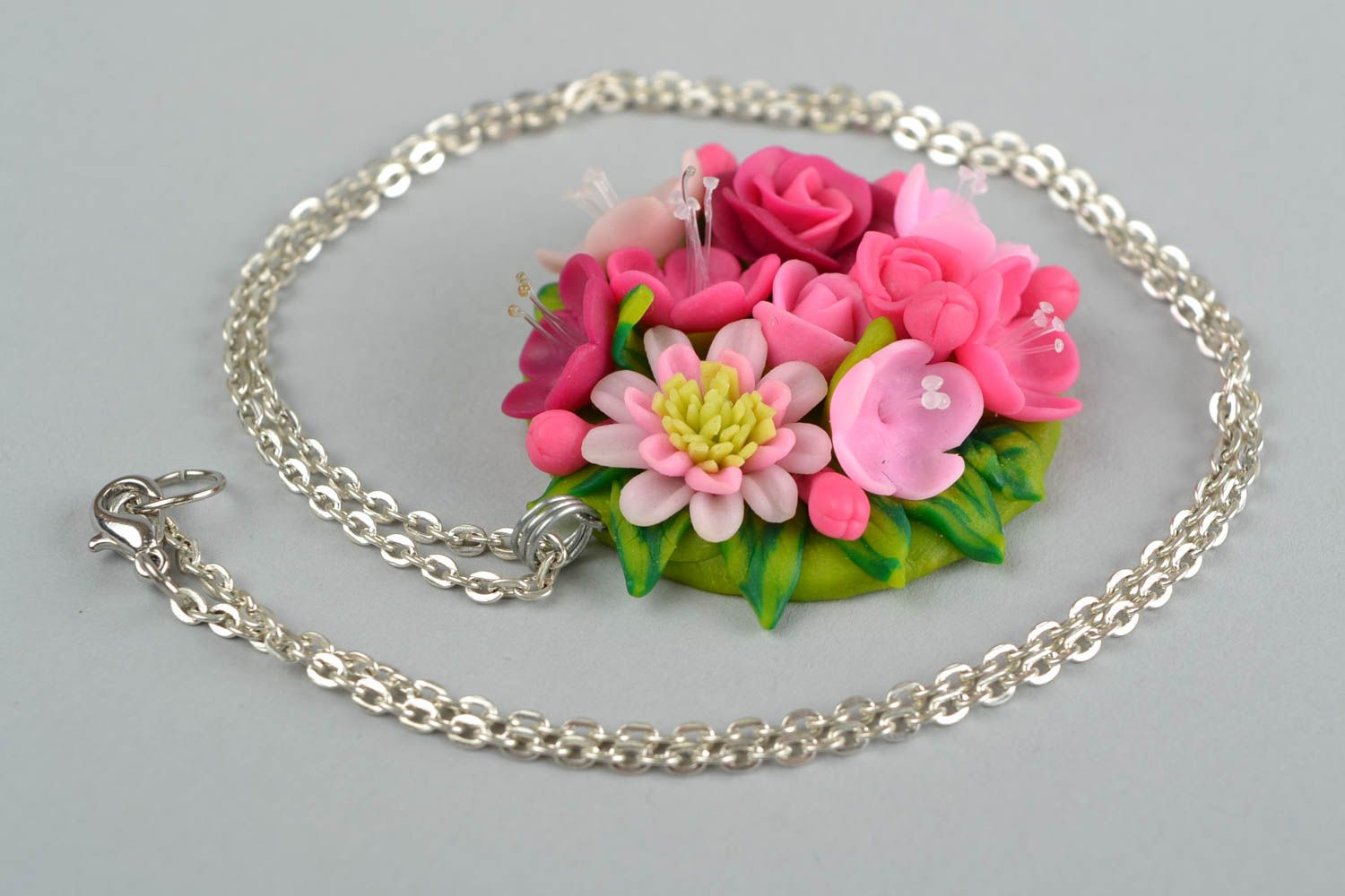 Bright handmade designer polymer clay flower neck pendant on chain photo 5