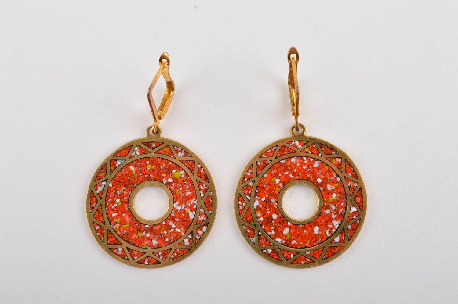 Handmade large brass earrings unusual female earrings red jewelry present photo 3