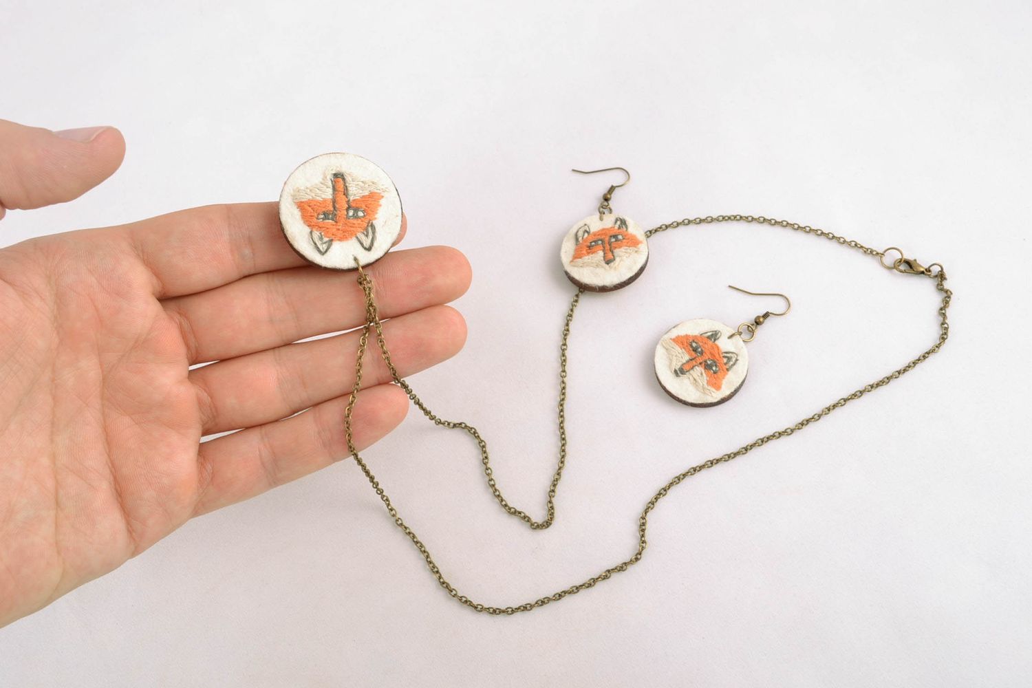 Wooden earrings and pendant with satin stitch embroidery Foxes photo 2