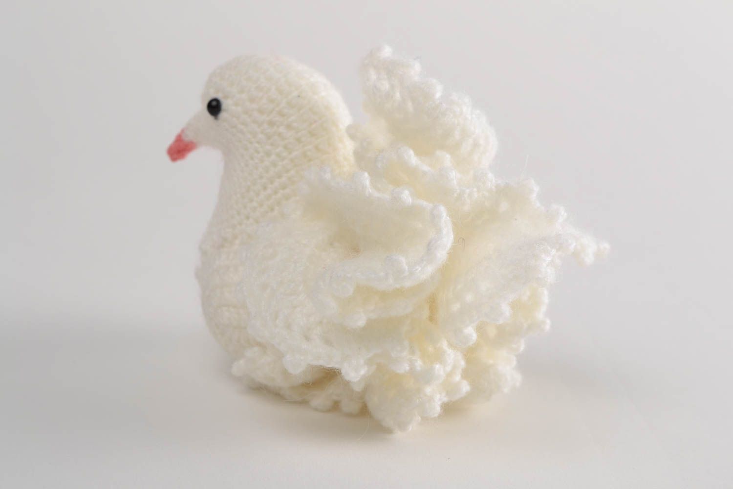 Handmade soft toy crocheted of acrylic threads white dove for interior decor photo 5